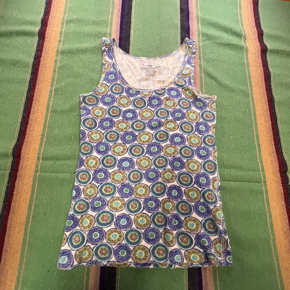 Faded Glory Tank Top Women L 12-14 Blue Green Medallion Ribbed Knit Scoop Neck